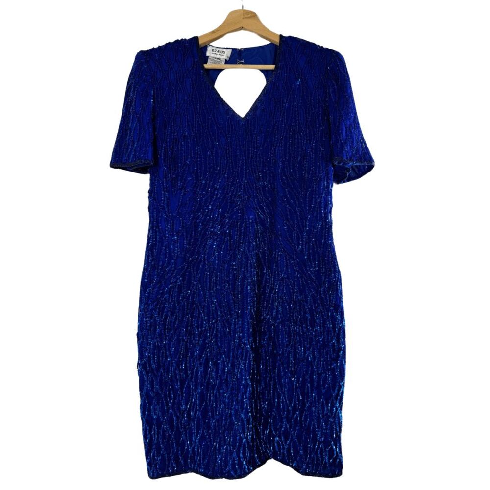 NWOT B2 & Us by Mark John Blue Short Sleeve Sheath Dress Size PXL Beaded Silk